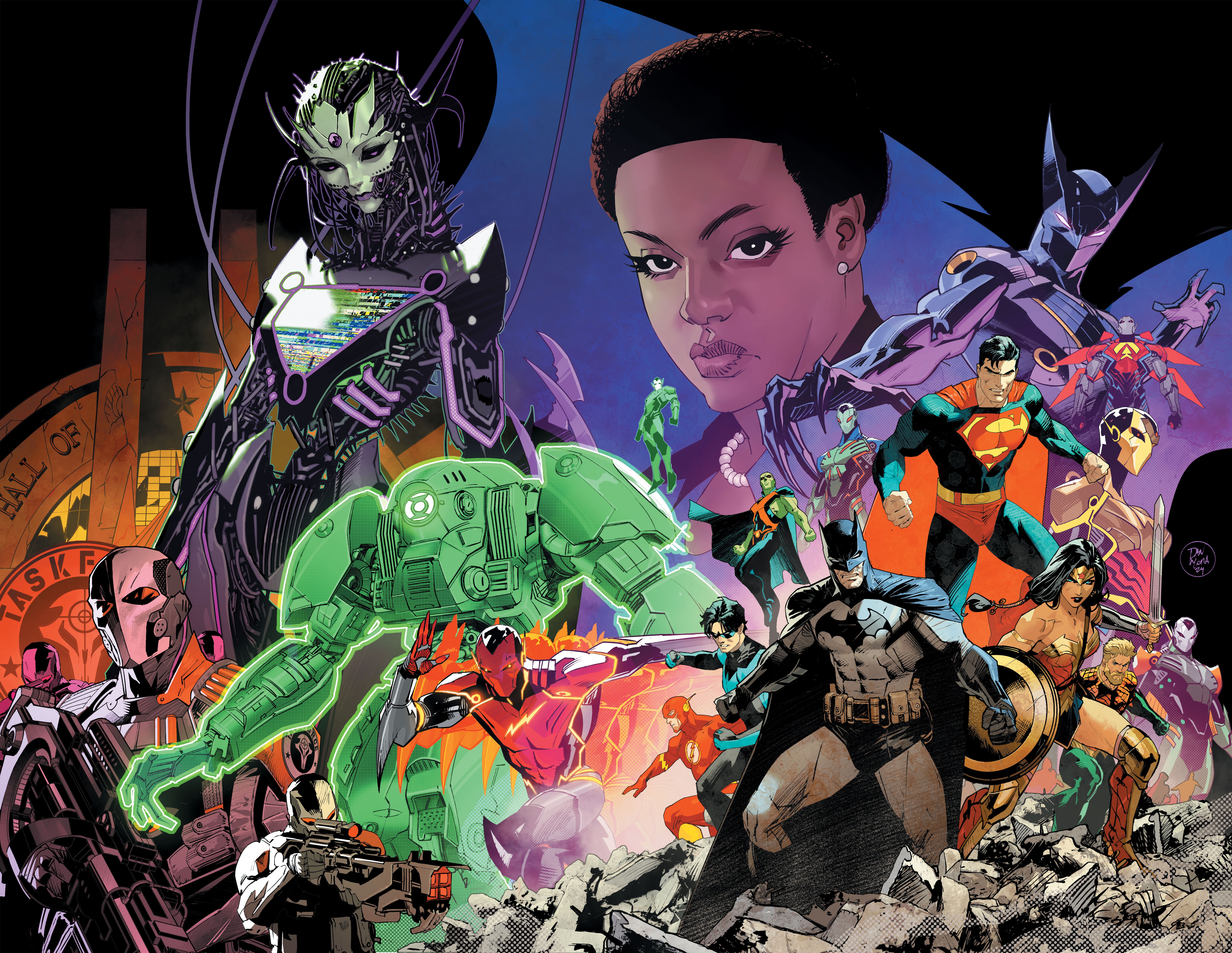 Capa principal de Absolute Power 1: a Liga da Justiça posa com robôs Amazo e outros grandes vilões, como Amanda Waller.
