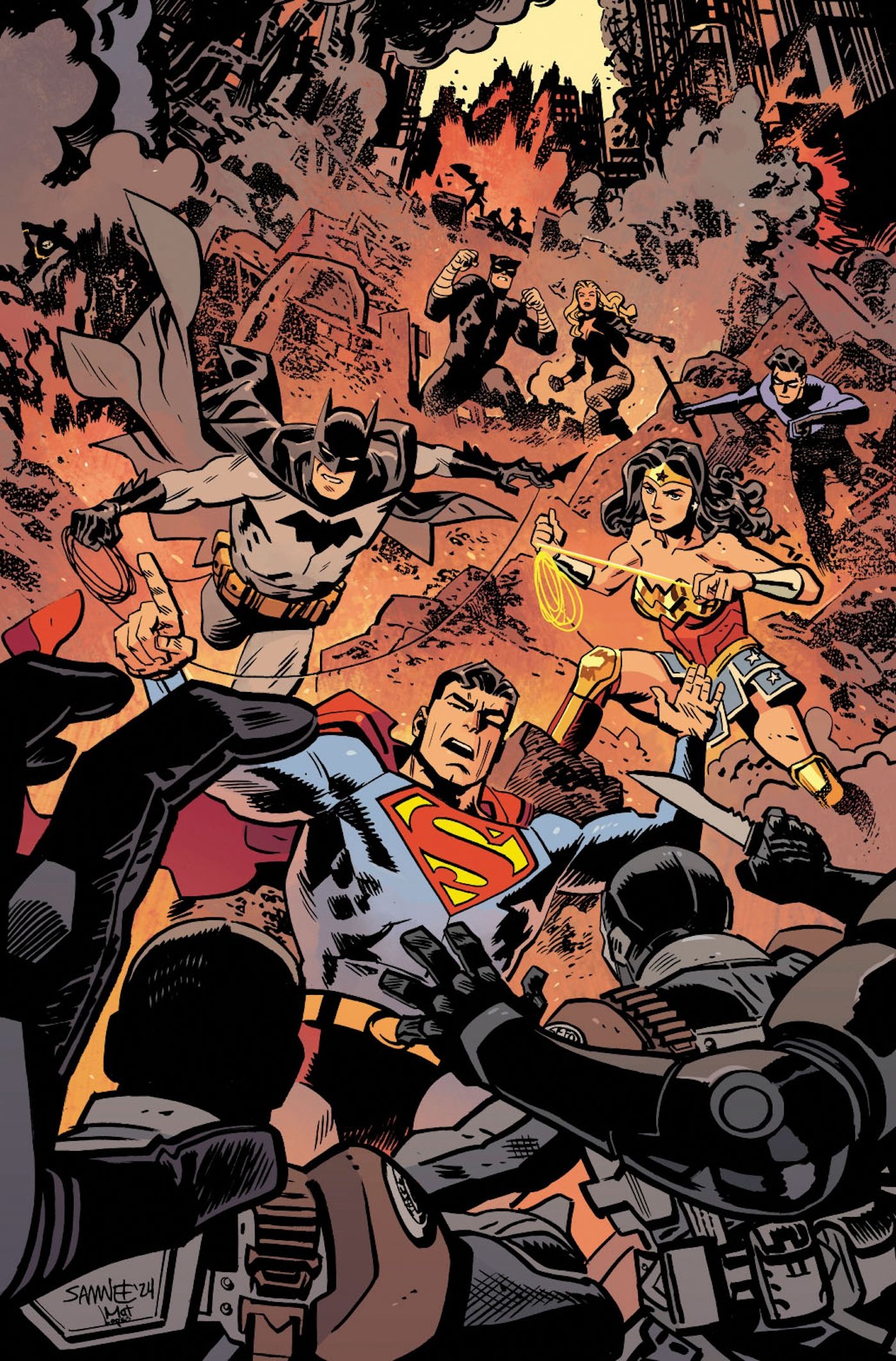 Capa variante de Absolute Power 1 Samnee: Batman Superman e Mulher Maravilha lutando contra soldados.