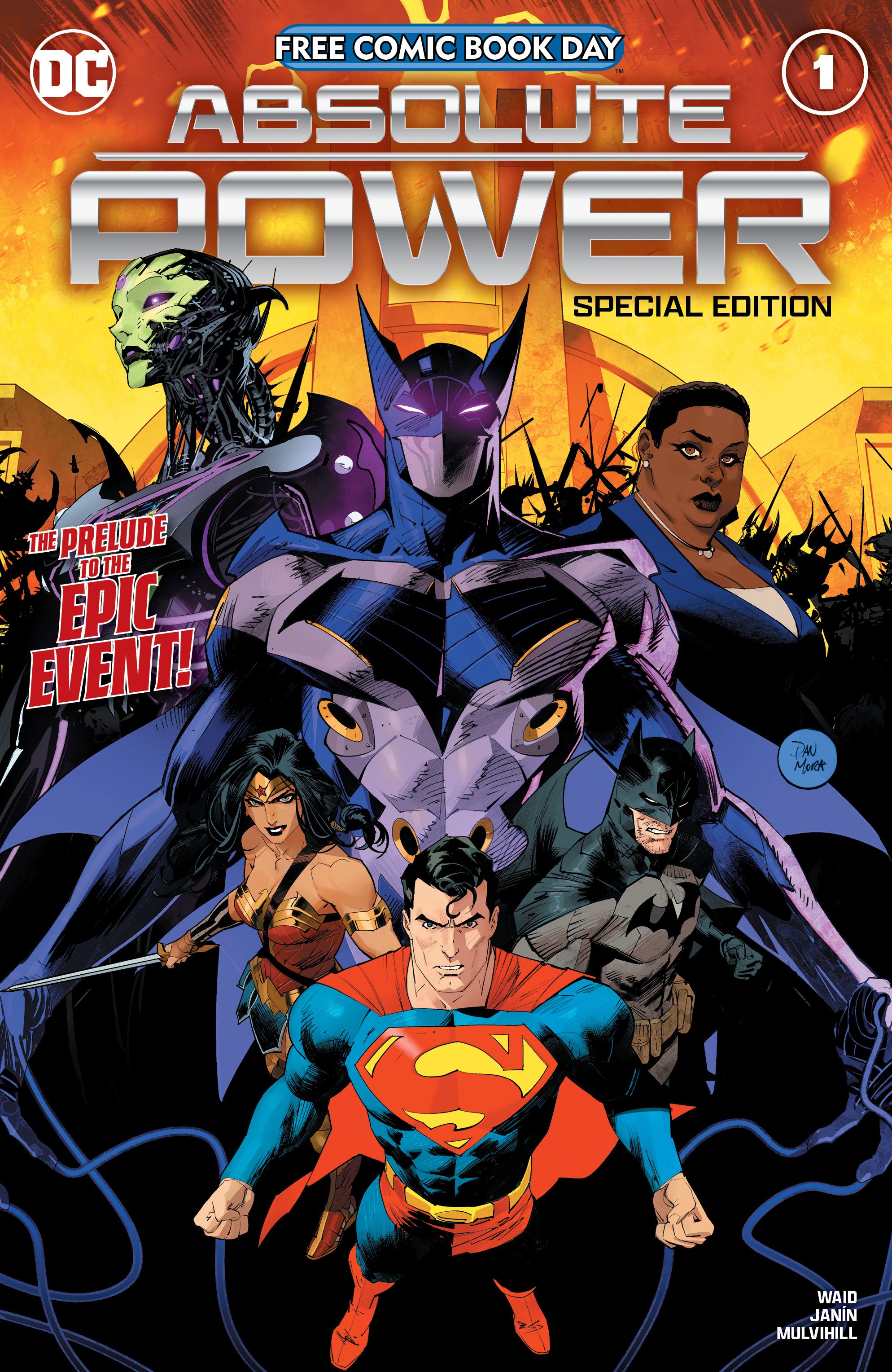 Capa principal do Absolute Power FCBD: Superman, Mulher Maravilha e Batman posam na frente de Brainiac Queen, Failsafe e Amanda Waller.