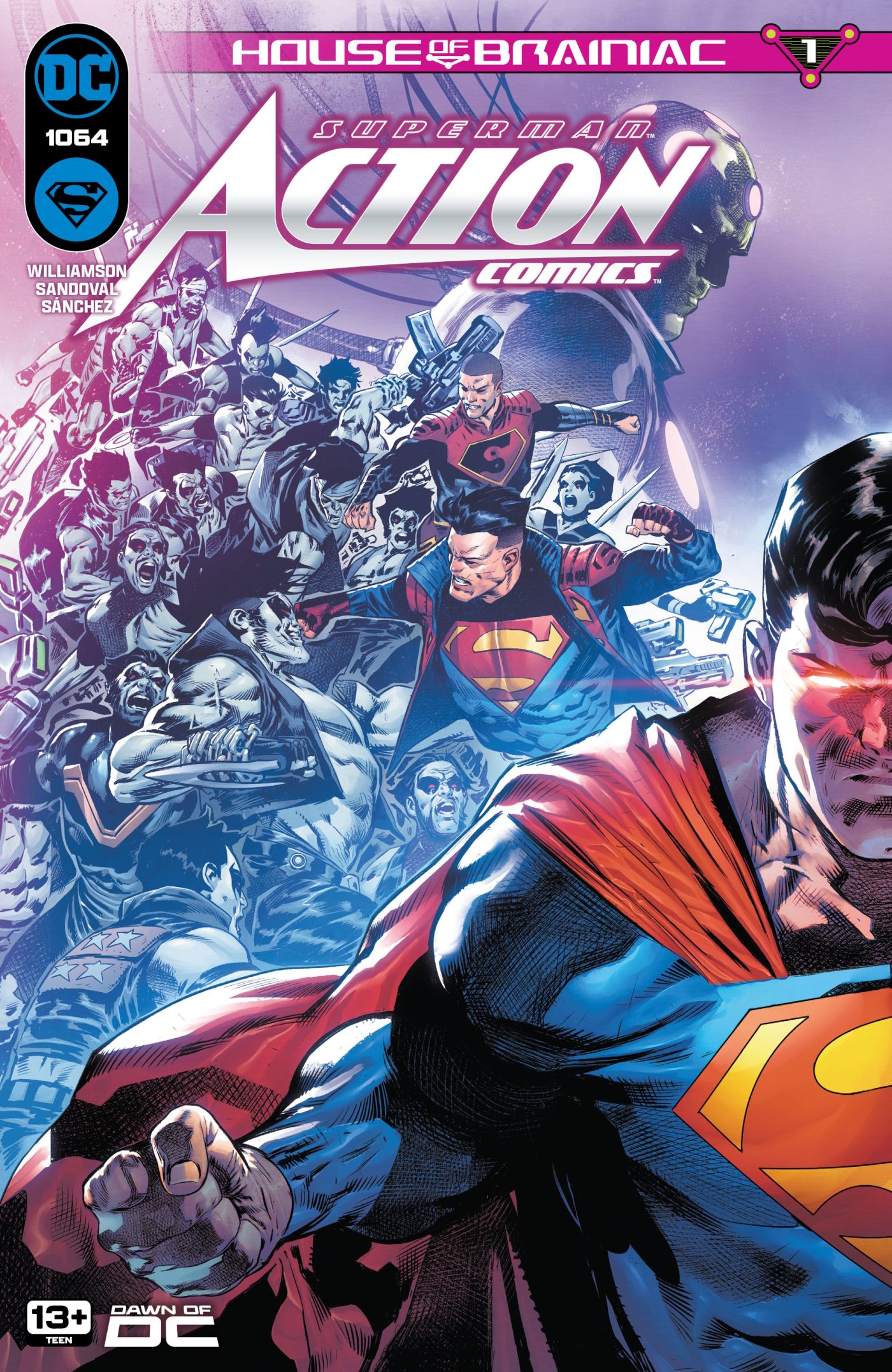 Action Comics 1064 Main Cover: Superman glaring as Superboy attacks an army of Lobos.