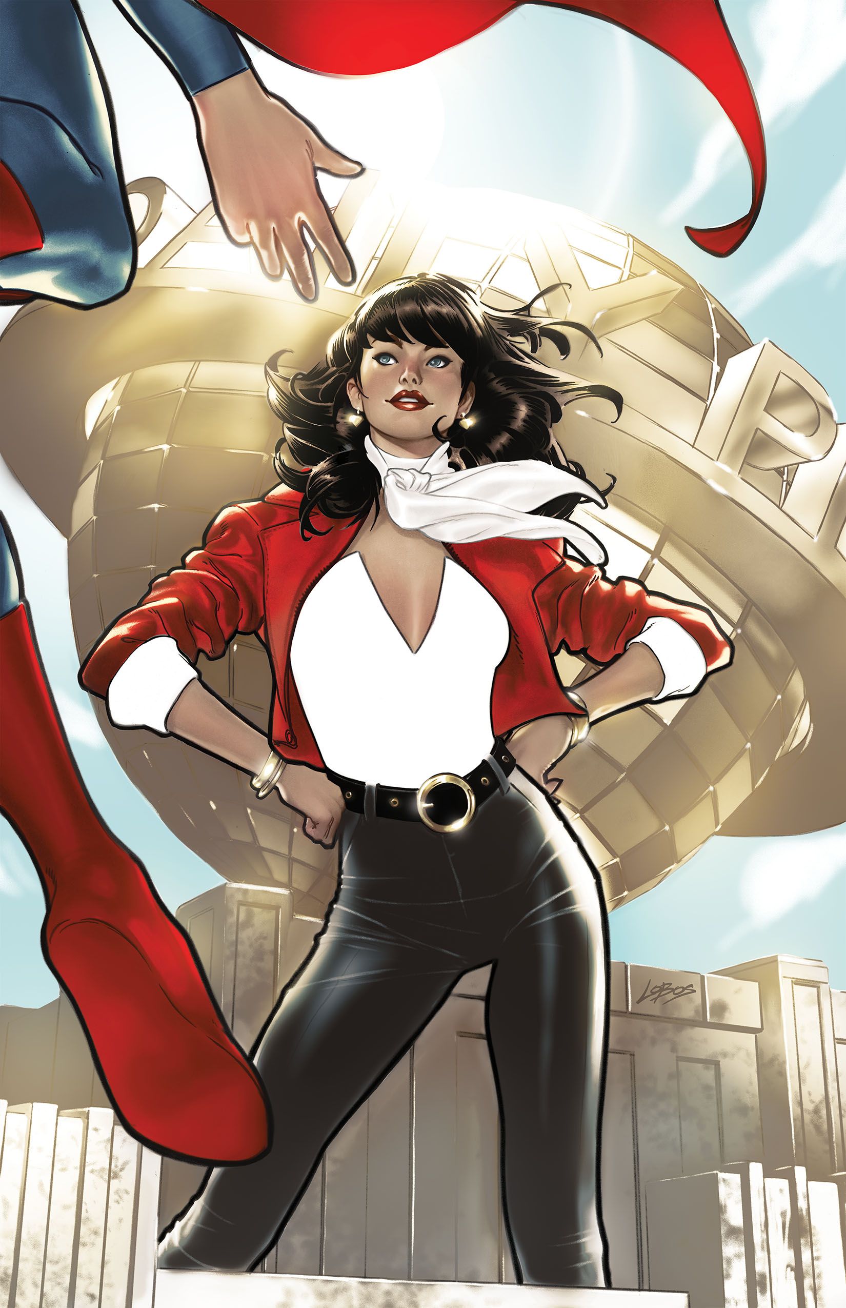Capa variante da Action Comics 1067 Villalobos: Lois Lane posando com um casaco vermelho.