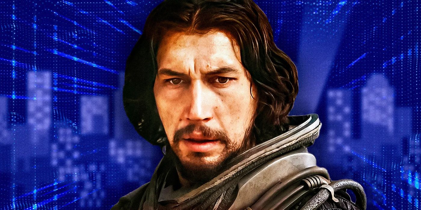 Adam Driver as Mills from 65 in front of a sci-fi background