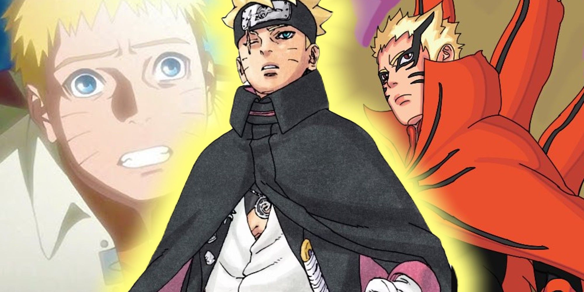 Adult Boruto with sad Naruto and Baryon Mode in the background