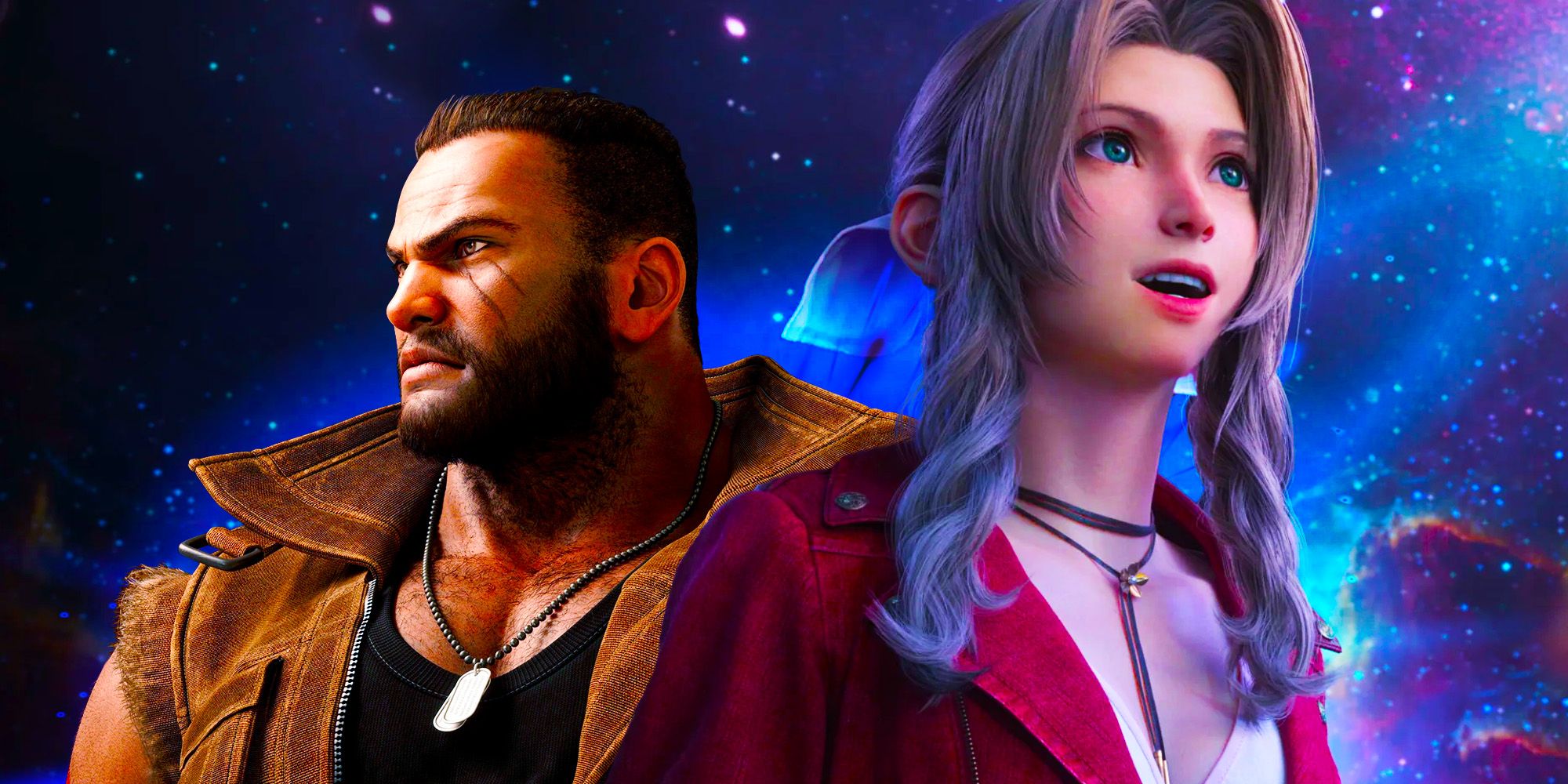 Aerith and Barret from Final Fantasy 7 Rebirth in front of a cosmic landscape.