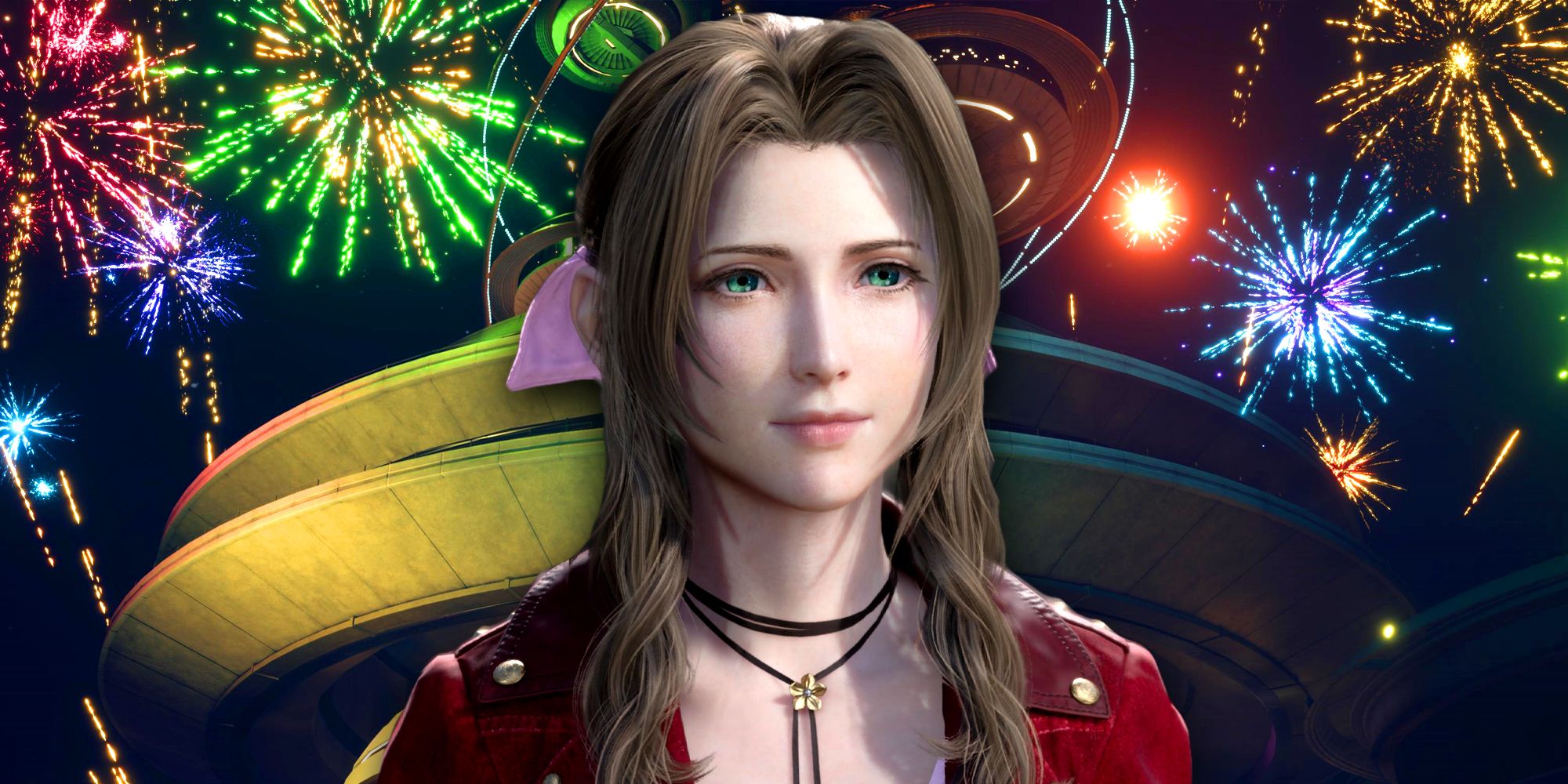 Aerith in front of the Gold Saucer and fireworks in FF7 Rebirth.
