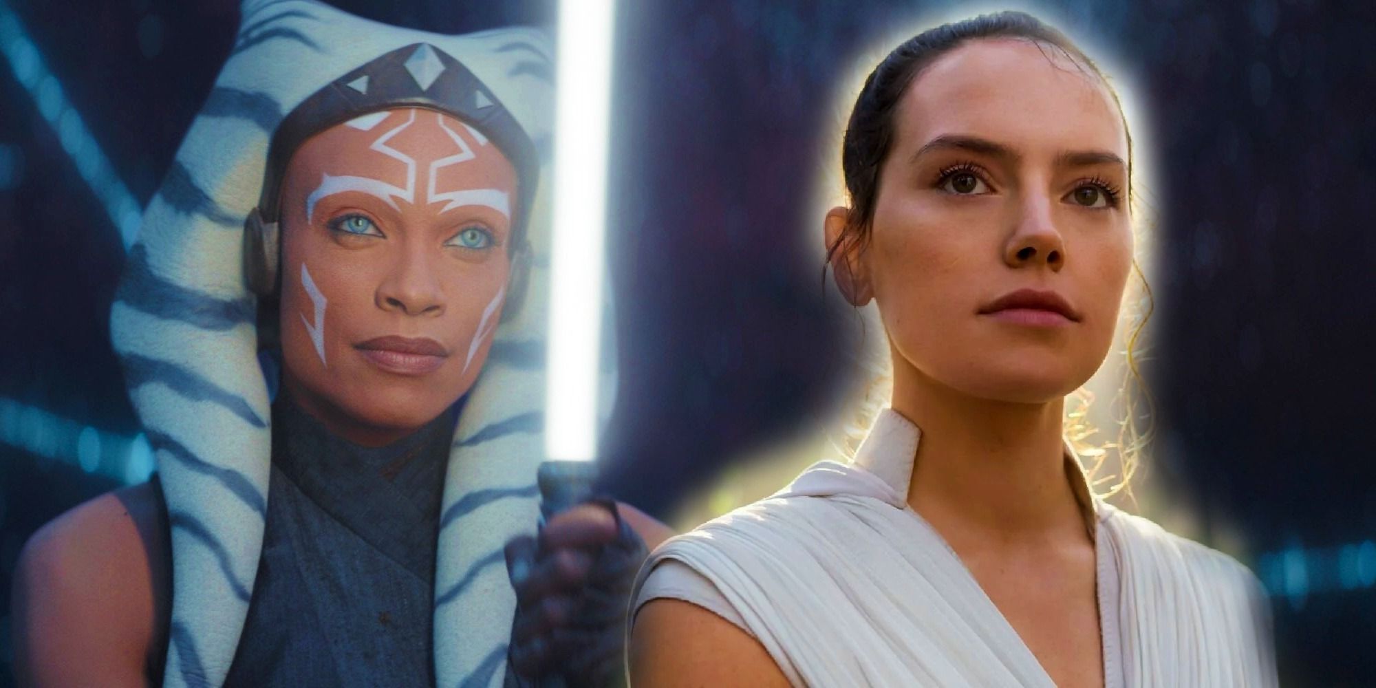 Ahsoka from the Ahsoka show wielding her white lightsaber to the left and Rey from The Rise of Skywalker with a yellow glow around her to the right