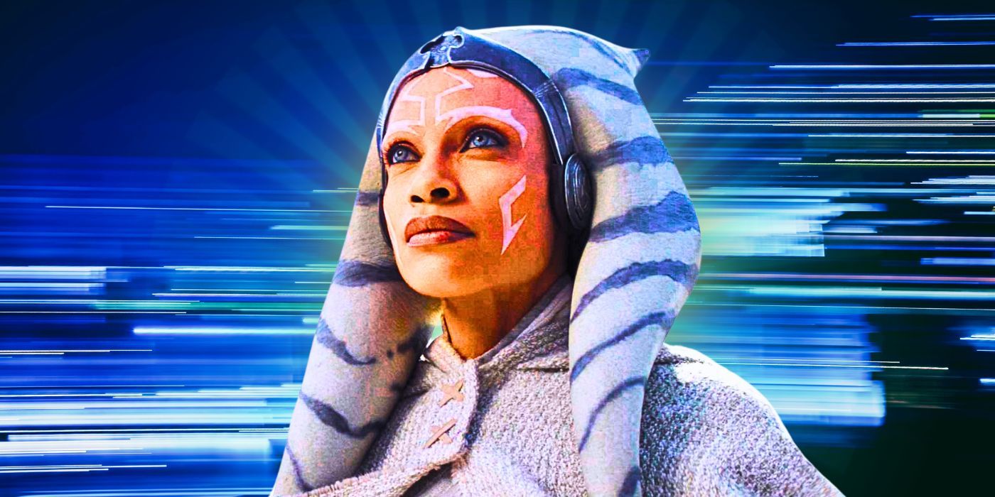 Rosario Dawson as Ahsoka Tano, wearing her white robe with hyperspace in the background.