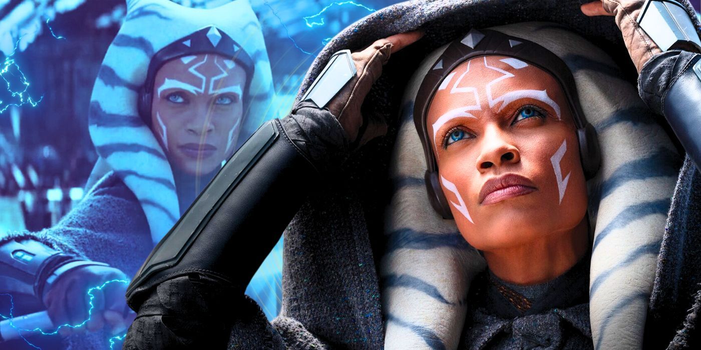 Rosario Dawson as Ahsoka Tano lifting her hood and looking up in the foreground and poised to fight in a blue hue in the background