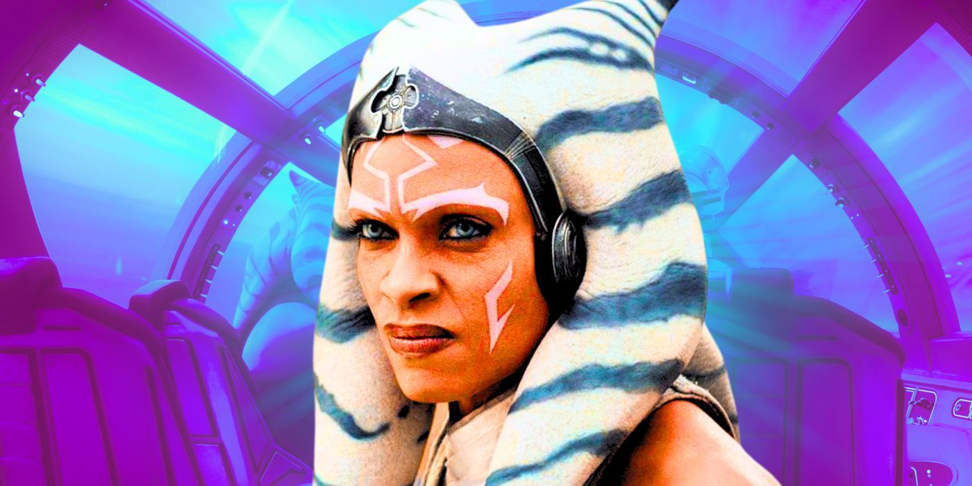 Rosario Dawson as Ahsoka snarling at the camera in front of the cockpit of a starship in Star Wars tinted blue