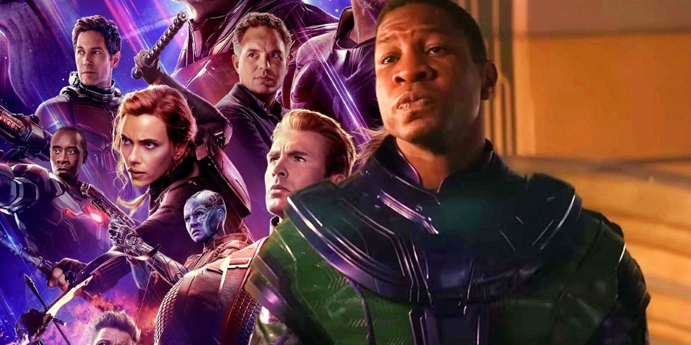 Split image of the poster for Avengers: Endgame and Jonathan Majors as Kang the Conqueror in Ant-Man and the Wasp: Quantumania