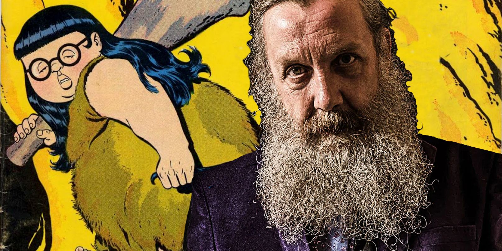 Alan Moore (foreground) with his favorite comic book superhero, Herbie, in the background