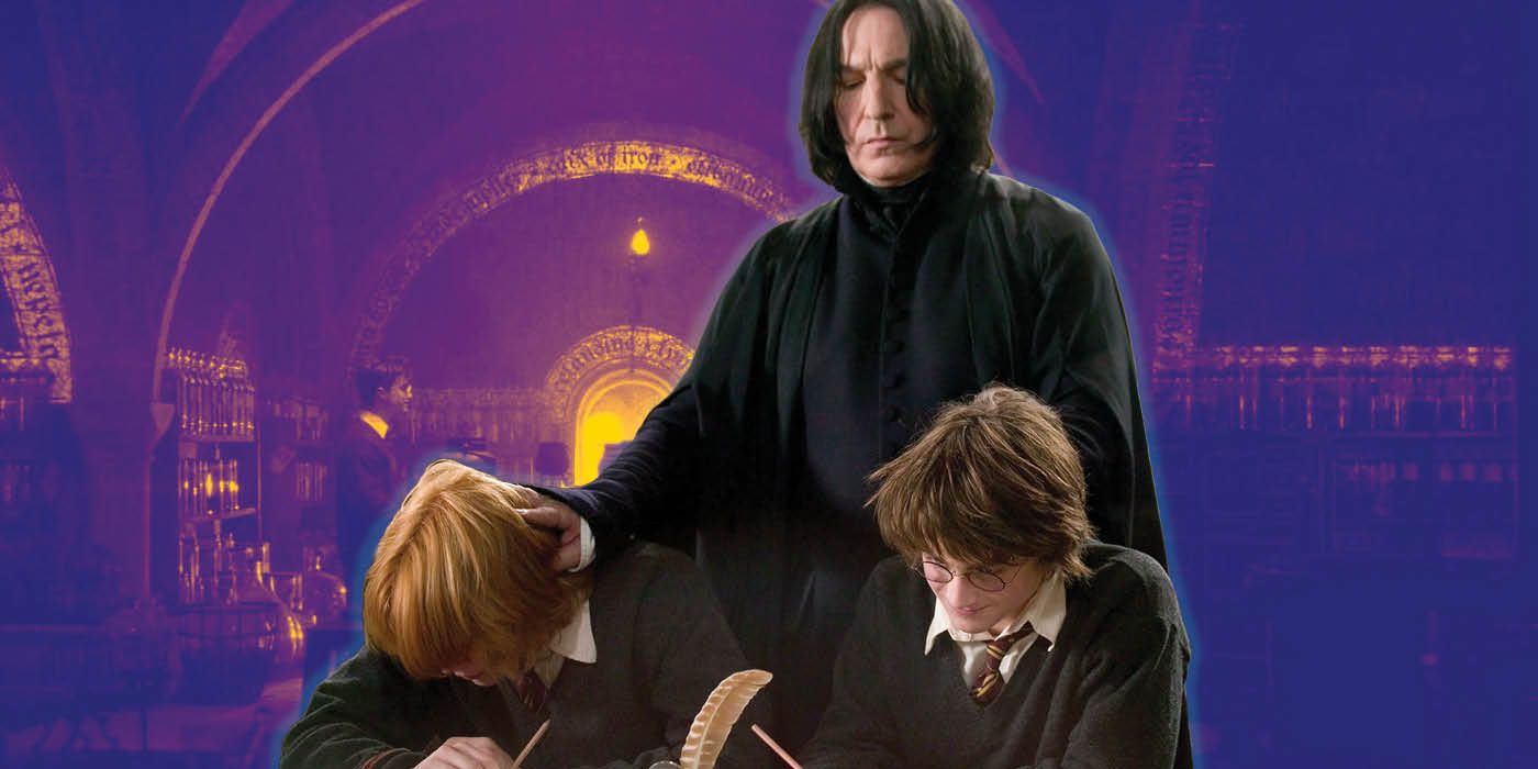 Alan Rickman as Severus Snape standing threateningly behind Daniel Radliffe as Harry Potter and Rupert Grint as Ron Weasley as they study in Harry Potter and the Goblet of Fire