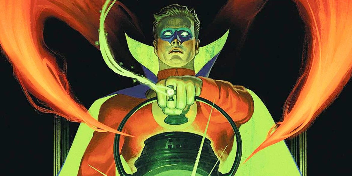 Comic book art: Alan Scott as Green Lantern holding his lantern.