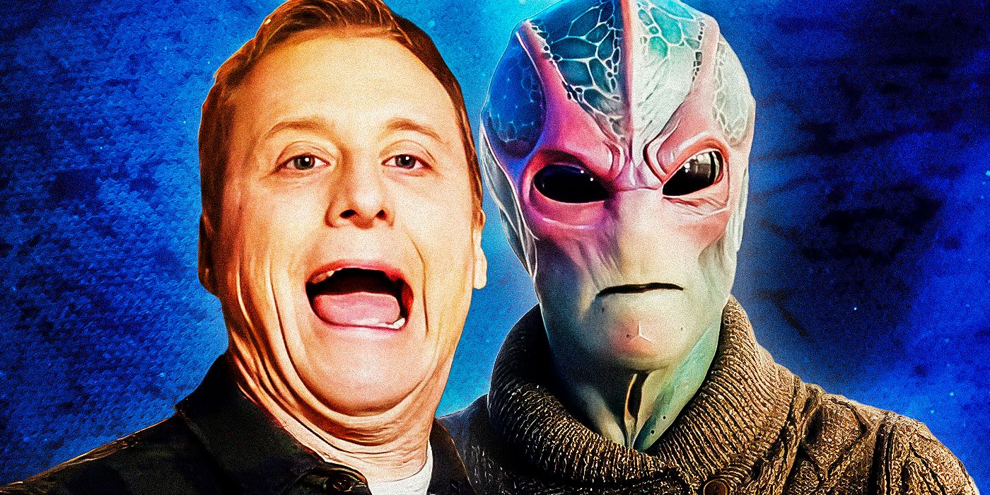 A custom image of Alan Tudyk laughing as Resident Alien's Harry Vanderspeigle with his alien form looking angry in the background