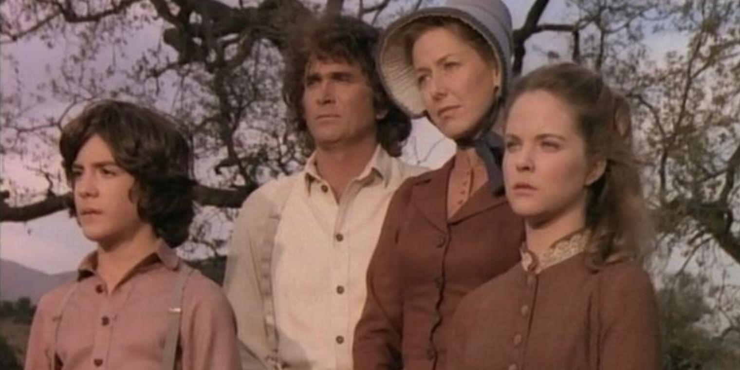 Albert e Mary ao lado de Caroline e Charles Ingalls no episódio The Little House on the Prairie, May We Make Them Proud