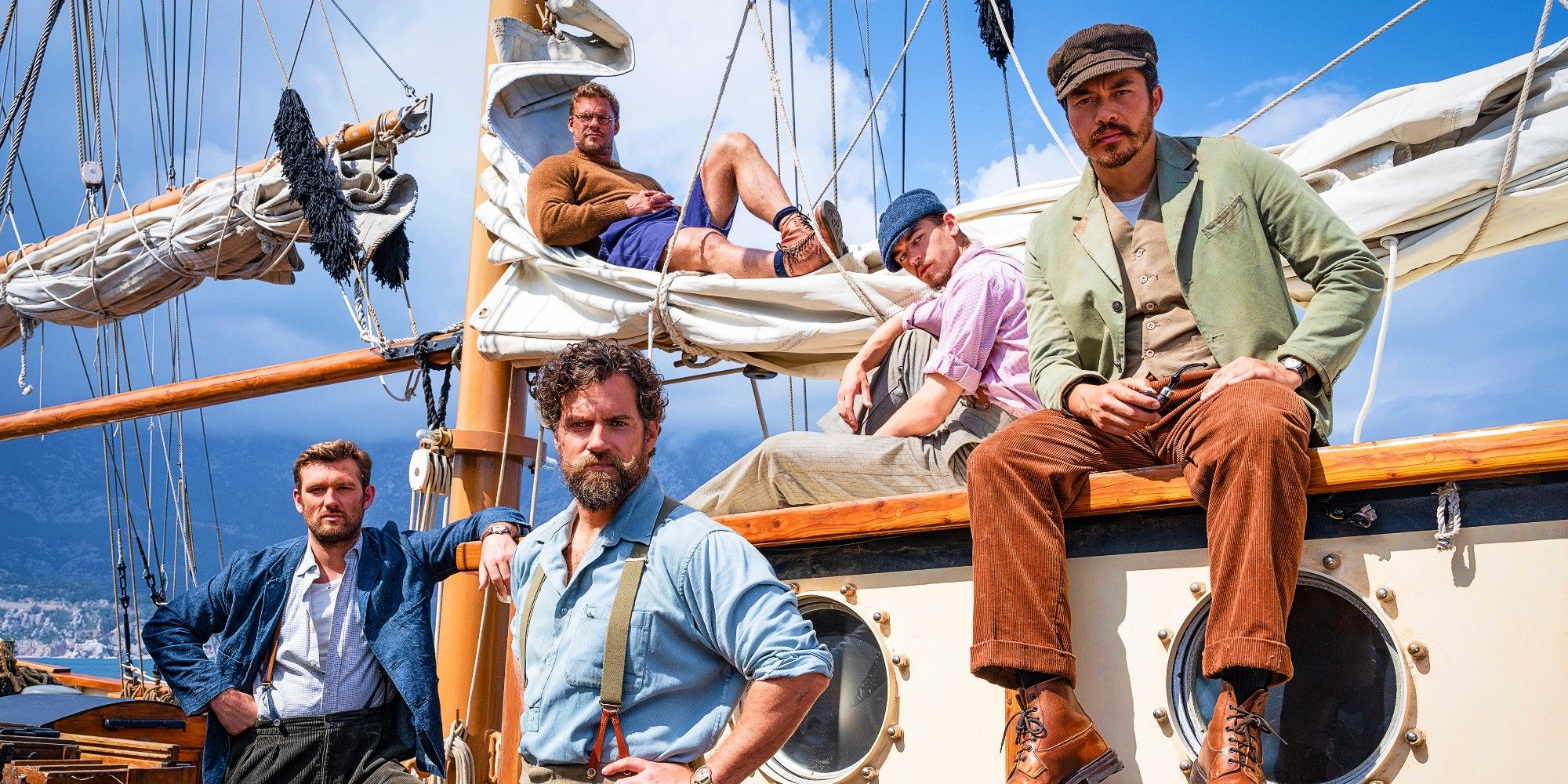Alex Pettyfer, Alan Ritchson, Henry Cavill, Hero Fiennes Tiffin and Henry Golding On A Sailing Boat In The Ministry of Ungentlemanly Warfare
