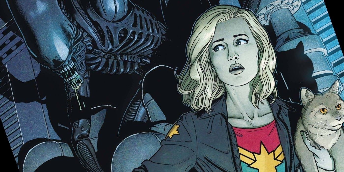 Captain Marvel is being chased by the alien Xenomorph.