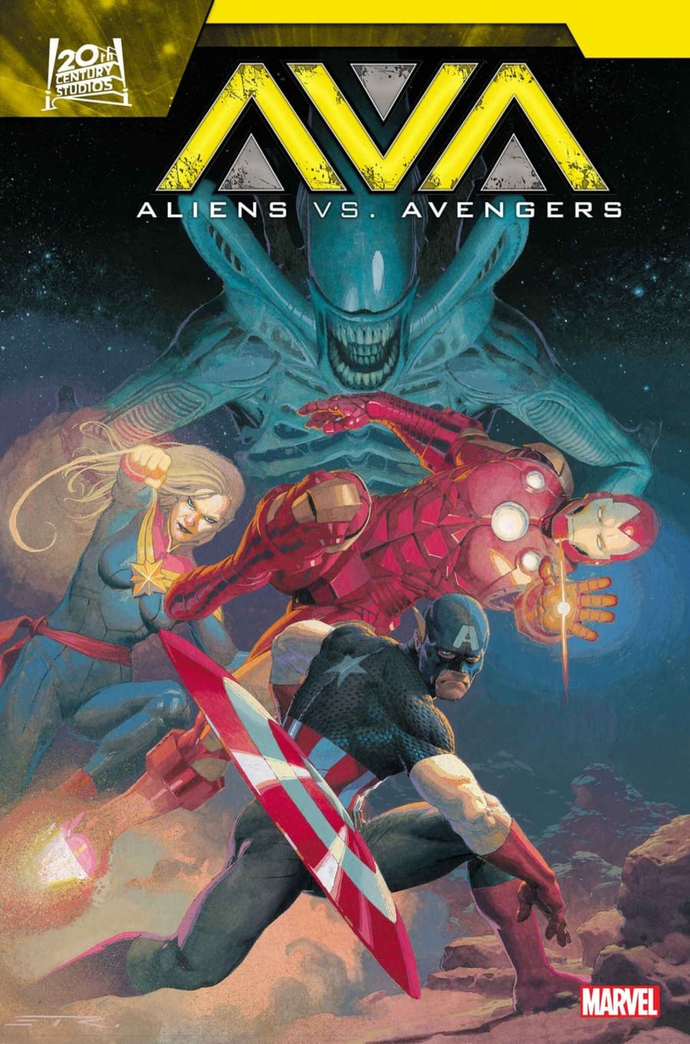 Portada de Aliens vs Avengers #1 que muestra a los Vengadores con un Xenomorfo detrás de ellos.