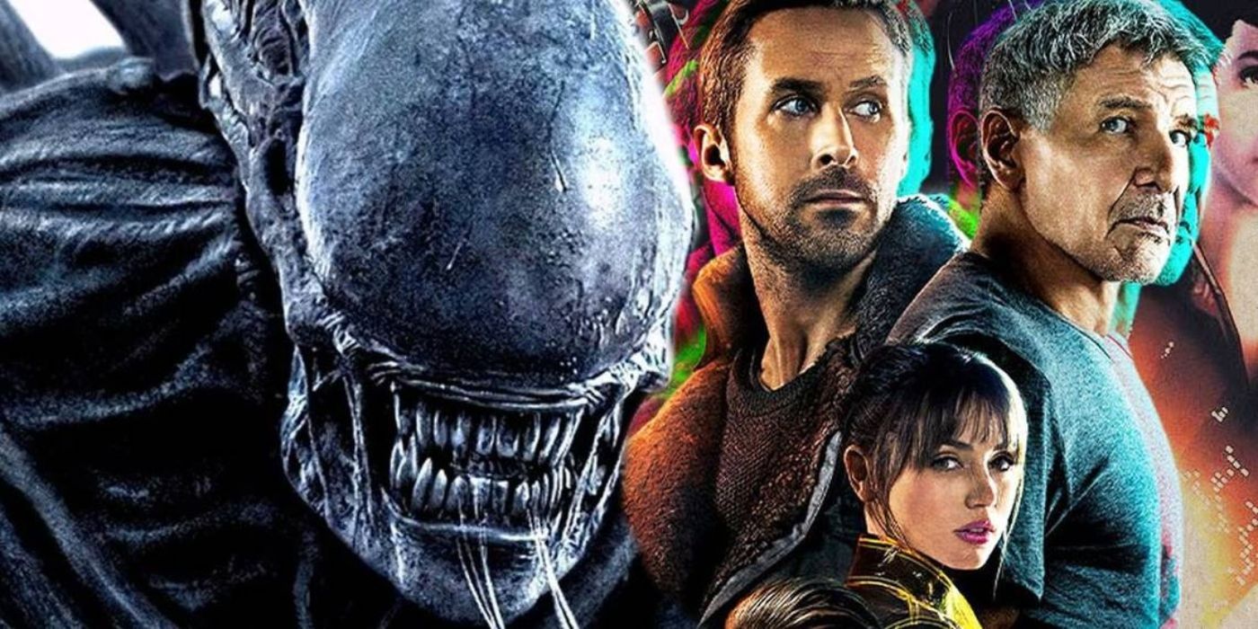 Alien's Xenomorph with the main characters of Blade Runner: 2049 behind it.
