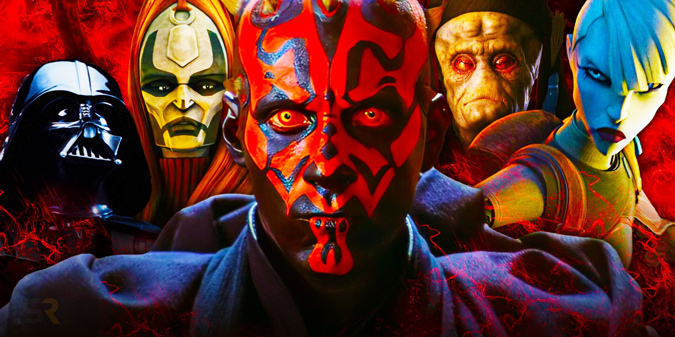 Darth Vader, Mother Talzin, Darth Maul, Nute Gunray, and Asajj Ventress in a combined image all facing forward in front of a red background 
