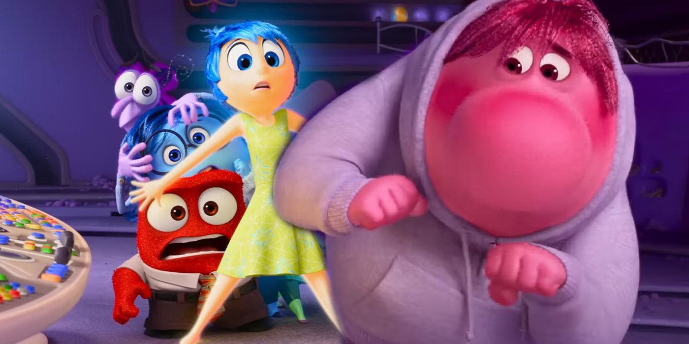Joy protecting the other emotions and Embarrassment looking shy in the Inside Out 2 movie trailer