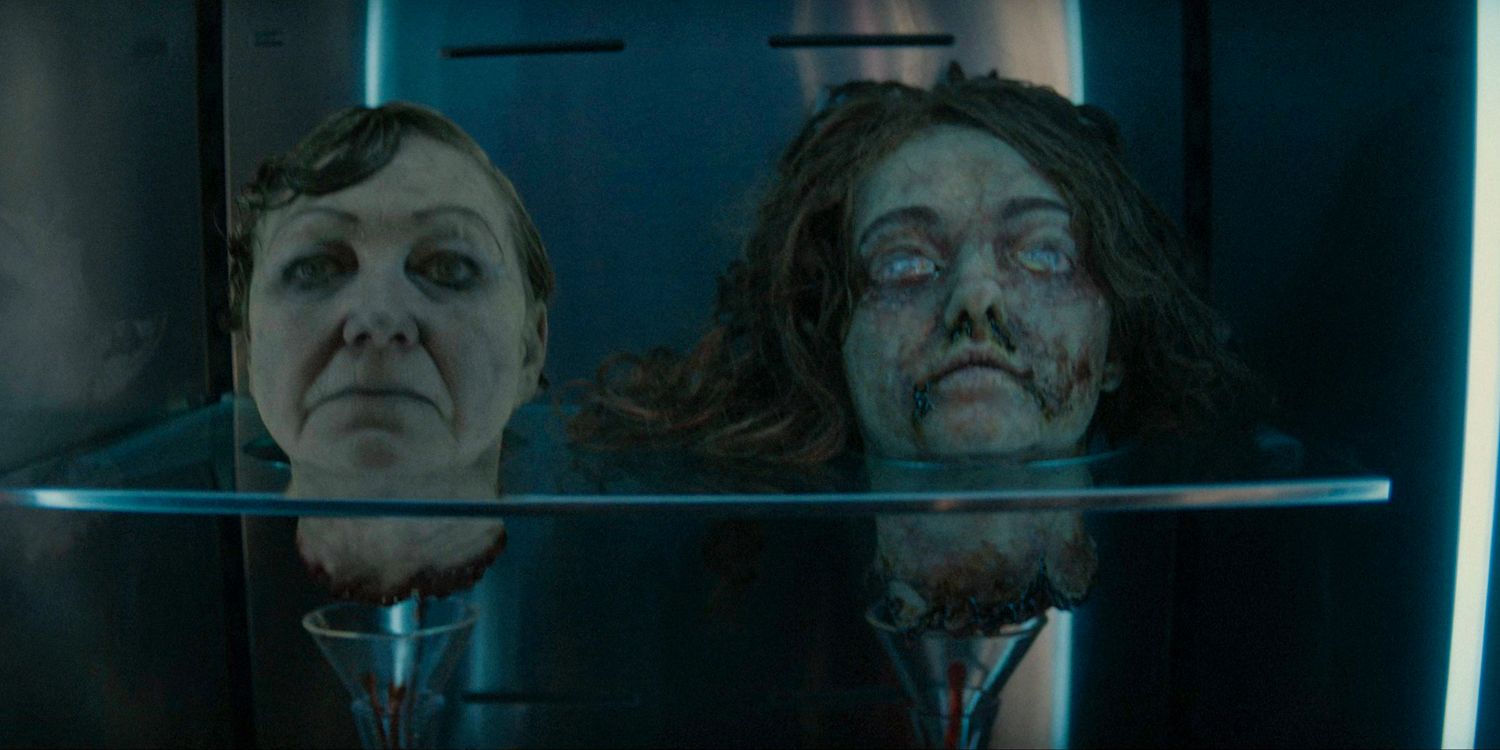 The decapitated heads of Ms. Preecher and another woman in a showcase in American Horror Story Delicate season 12 ep 9 (FINALE)