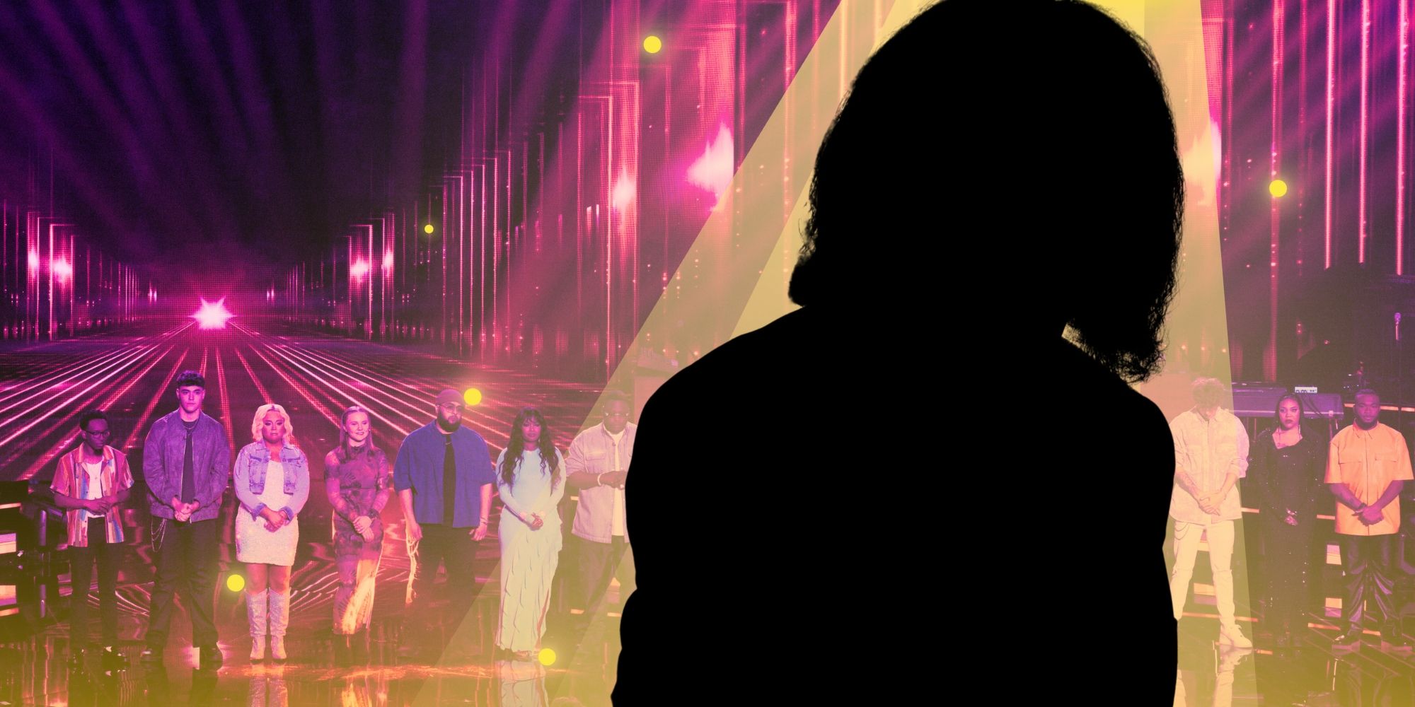 American Idol season 22 contestants lined up on stage with a silhouette of Gene Simmons