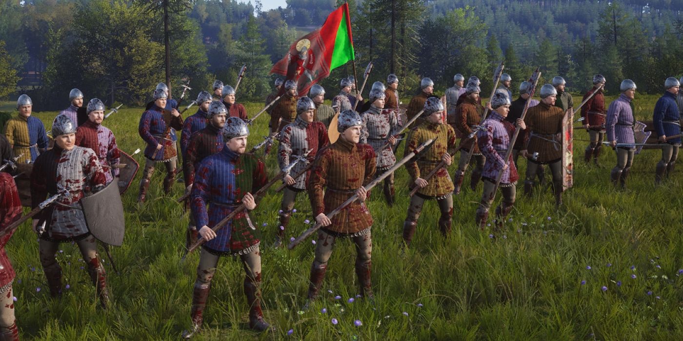 Um exército em campo sob uma bandeira verde e vermelha em uma captura de tela de Manor Lords.