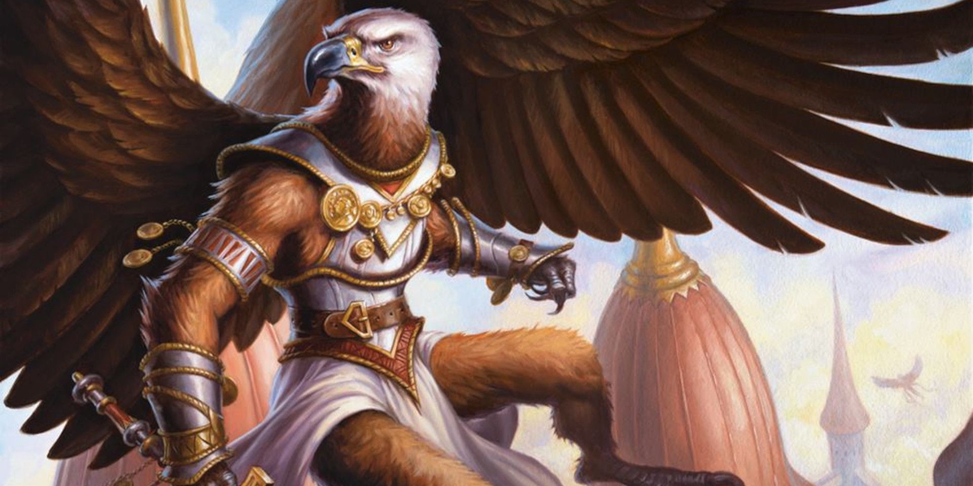An eagle-based aarakocra hovers above a city's spires, wearing a white robe in art from DnD.