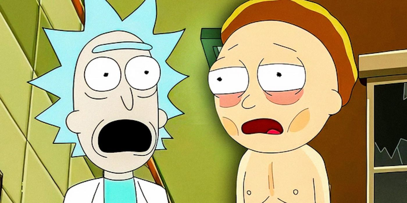 An emaciated Morty stands beside Rick with his mouth open too wide in Rick and Morty season 7 finale