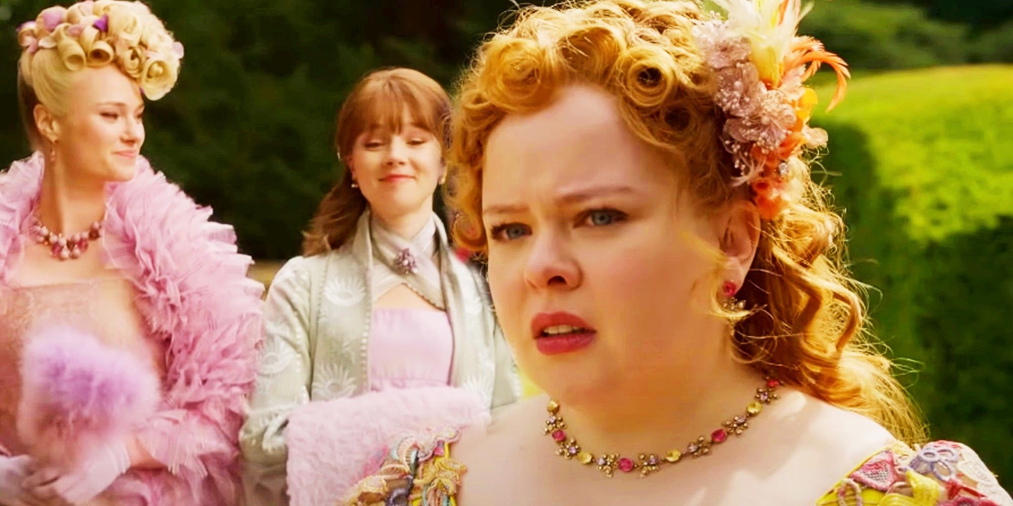 An image combining images of Cressida walking with Eloise in Bridgerton season 3, and Penelope looking disturbed and hurt in Bridgerton season 3
