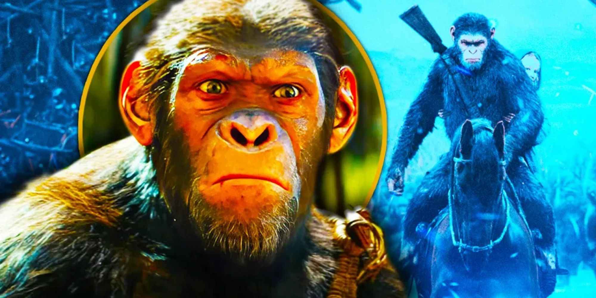 An SR custom image of an ape in Kingdom of the Planet of the Apes alongside the War for the Planet of the Apes poster, depicting an ape atop a horse