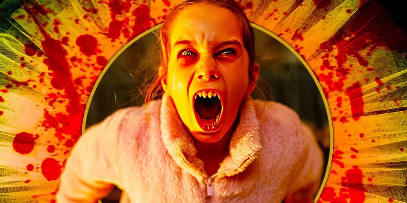An SR custom image of young vampire Abigail baring her teeth and looking scary from the movie Abigail
