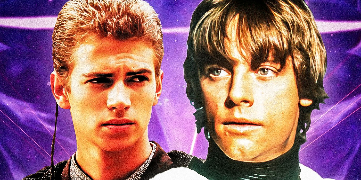 Anakin Skywalker from Attack of the Clones to the left and Luke Skywalker from A New Hope to the right in front of a purple background