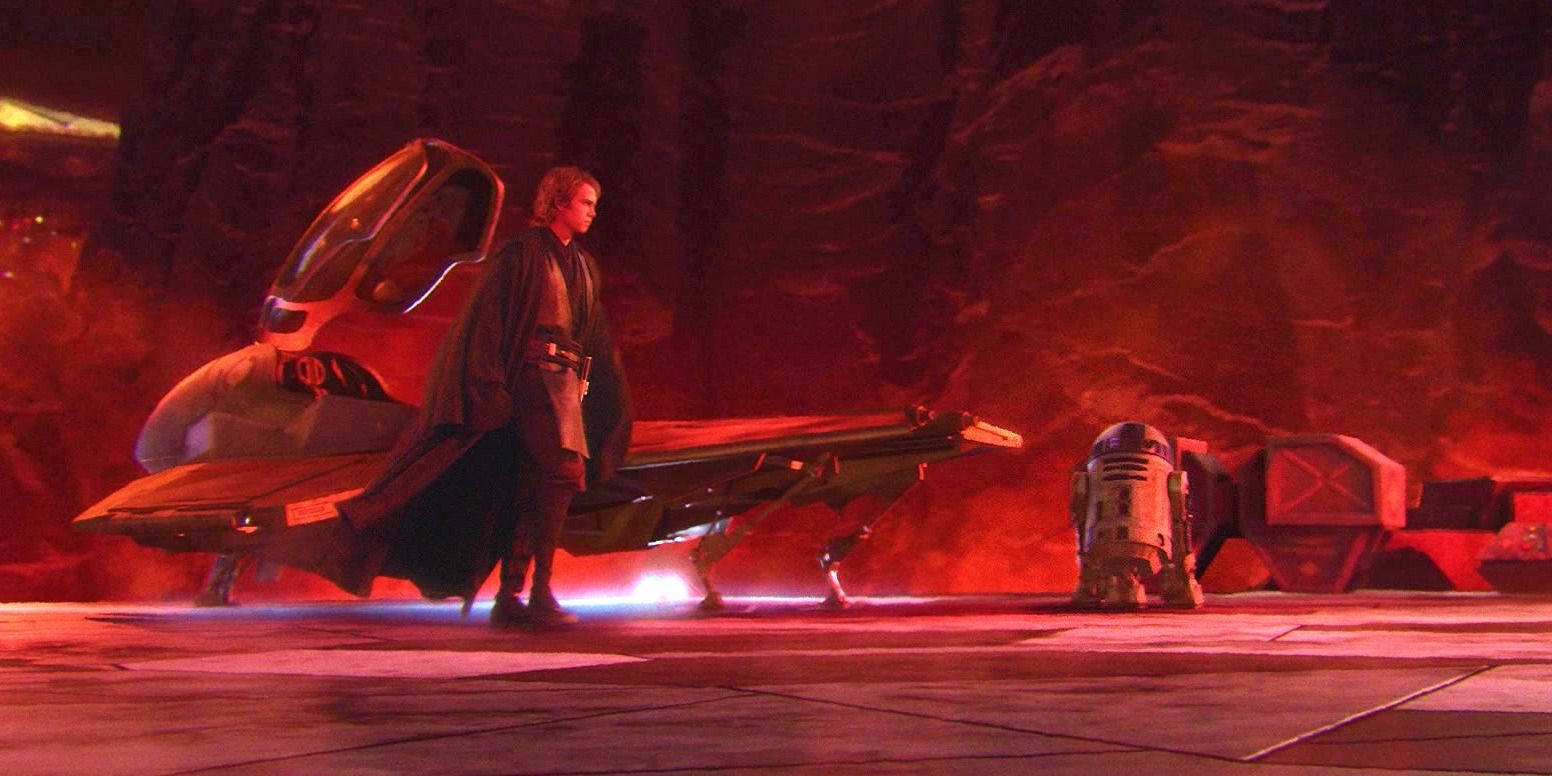 Anakin Skywalker and R2-D2 standing in front of Anakin's ship on Mustafar in Revenge of the Sith