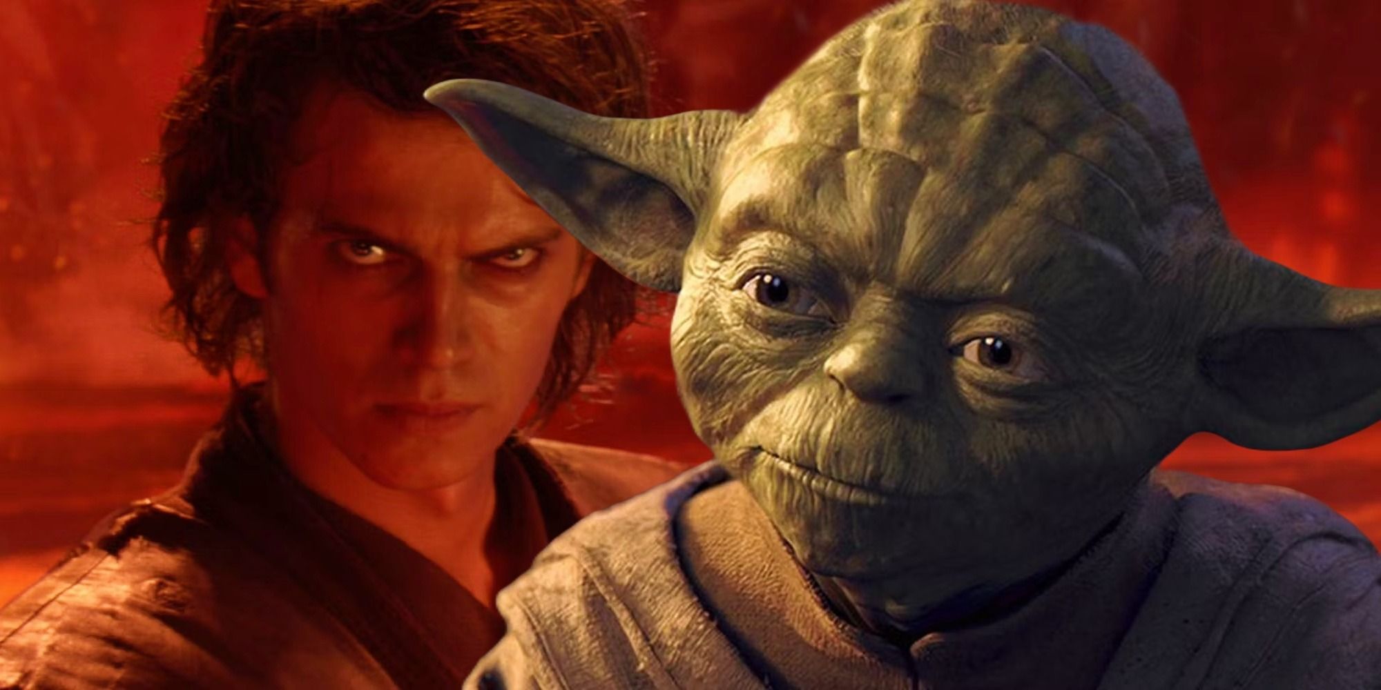 Anakin on Mustafar from Revenge of the Sith in the background and Yoda from Revenge of the Sith in the foreground 
