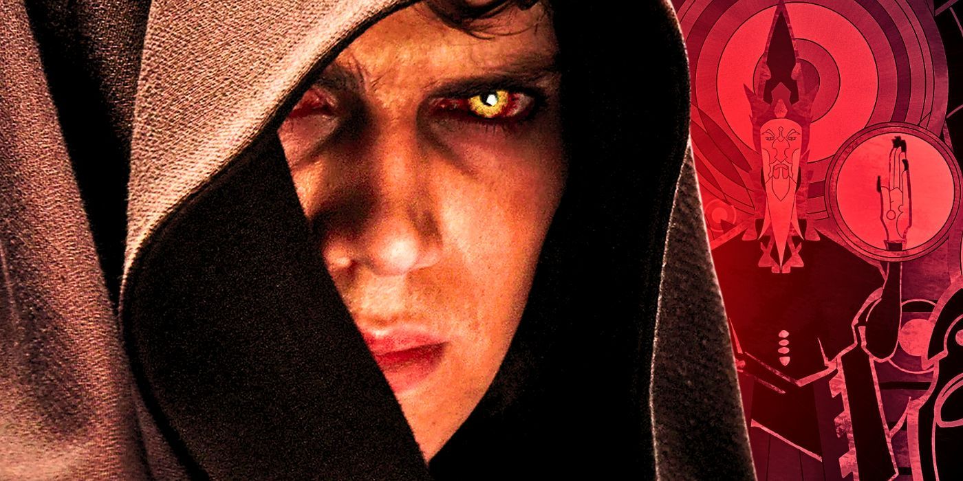 Hayden Christensen with Sith eyes looking out from under his hood in Revenge of the Sith with an image of the Mortis Gods showing the father in red in the background