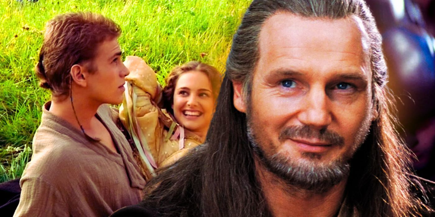 Hayden Christensen as Anakin Skywalker and Natalie Portman as Padme Amidala sitting in the grass together and smiling to the left and Qui-Gon Jinn smiling to the right in a combined image