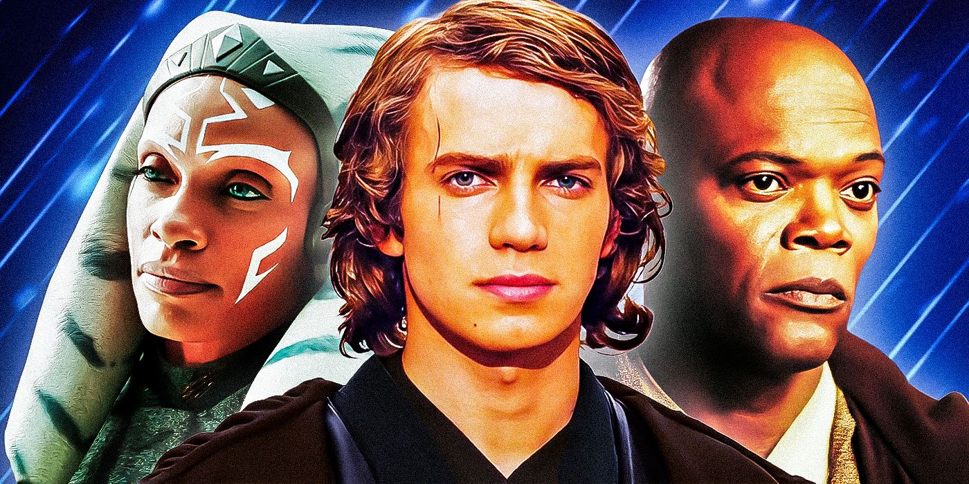 Hayden Christensen's Anakin Skywalker, Samuel L. Jackson's Mace Windu, and Rosario Dawson's Ahsoka Tano in Star Wars