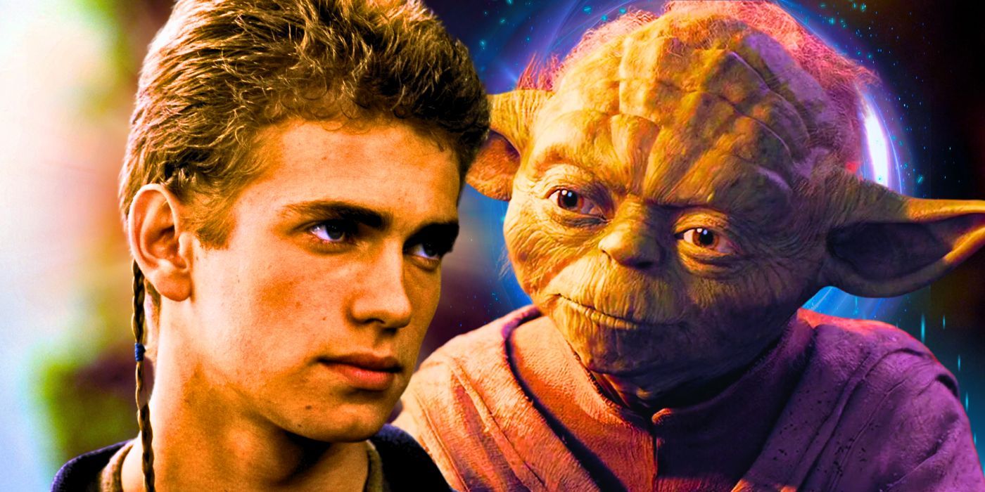 Hayden Christensen's Anakin Skywalker in Attack of the Clones looks off to the side as Master Yoda looks thoughtfully in the distance