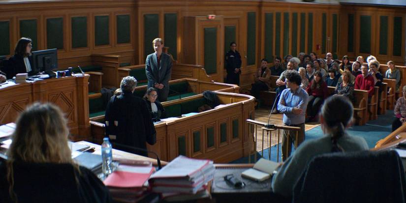 Sandra standing and addressing the court in Anatomy of a Fall