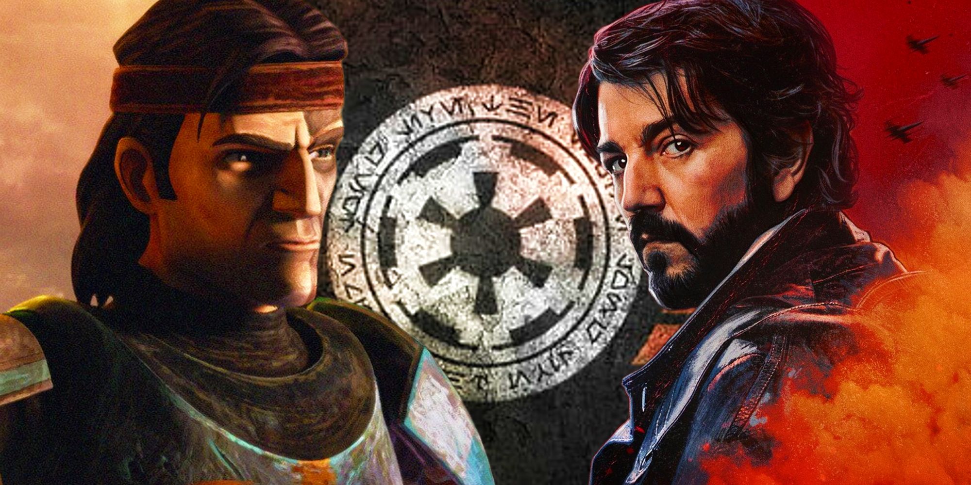 Cassian Andor in the poster for Andor and Hunter in the poster for The Bad Batch either side of the Imperial Logo in Star Wars