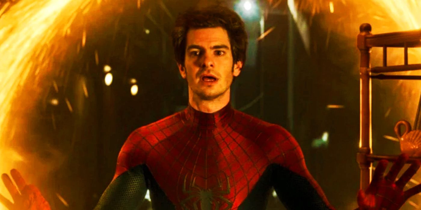 Andrew Garfield's Peter Parker coming through a portal in Spider-Man No Way Home