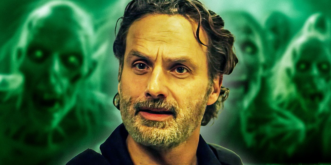 Andrew Lincoln as Rick Grimes from The Walking Dead The Ones Who Live with a green zombie herd behind him.