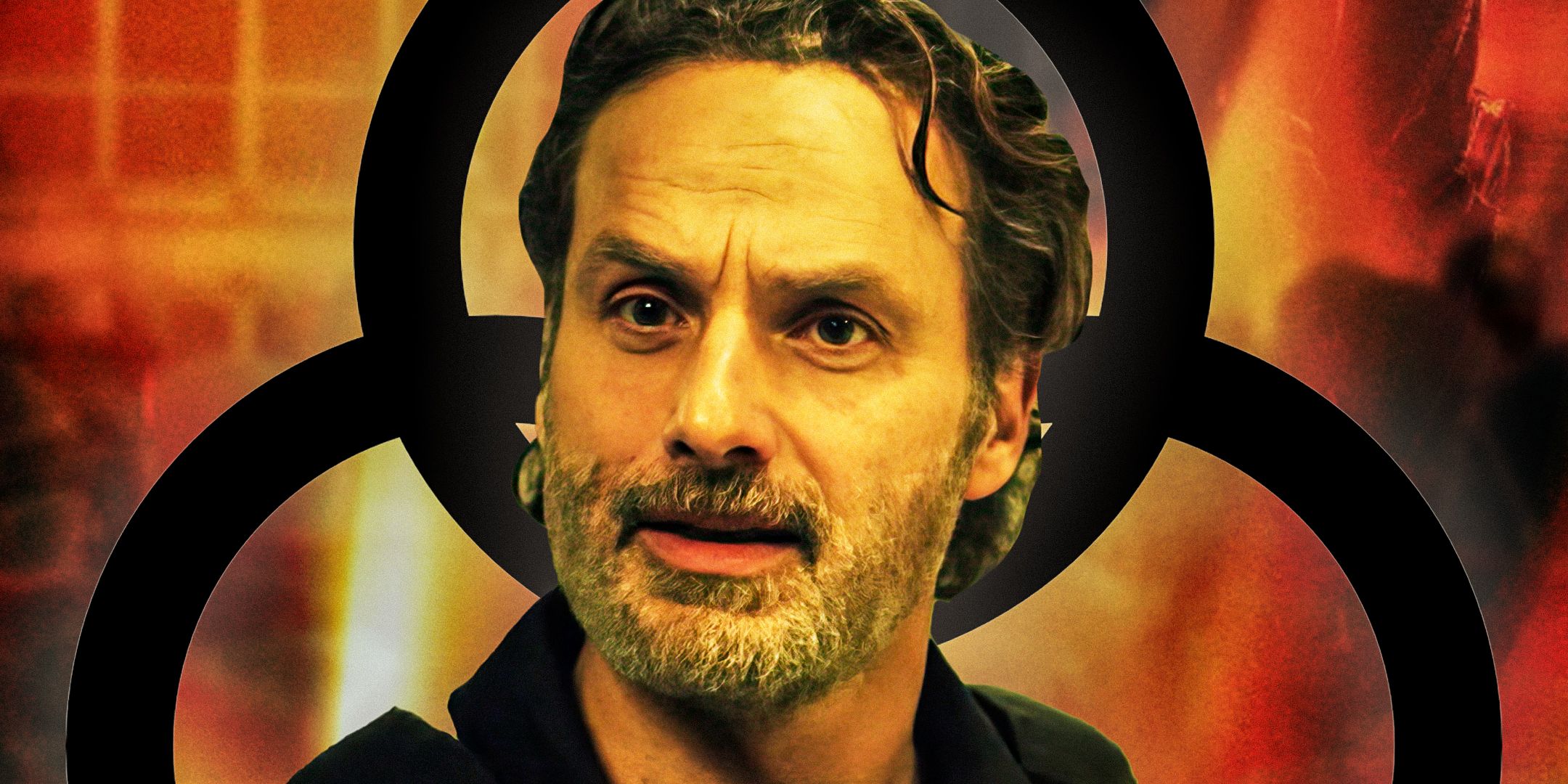 Andrew Lincoln as Rick Grimes in front of the CRM logo in The Ones Who Live