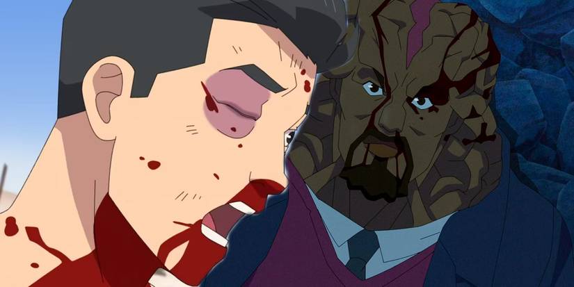 Mark injured and covered in blood and Angstrom Levy looking up in Invincible season 2 episode 8