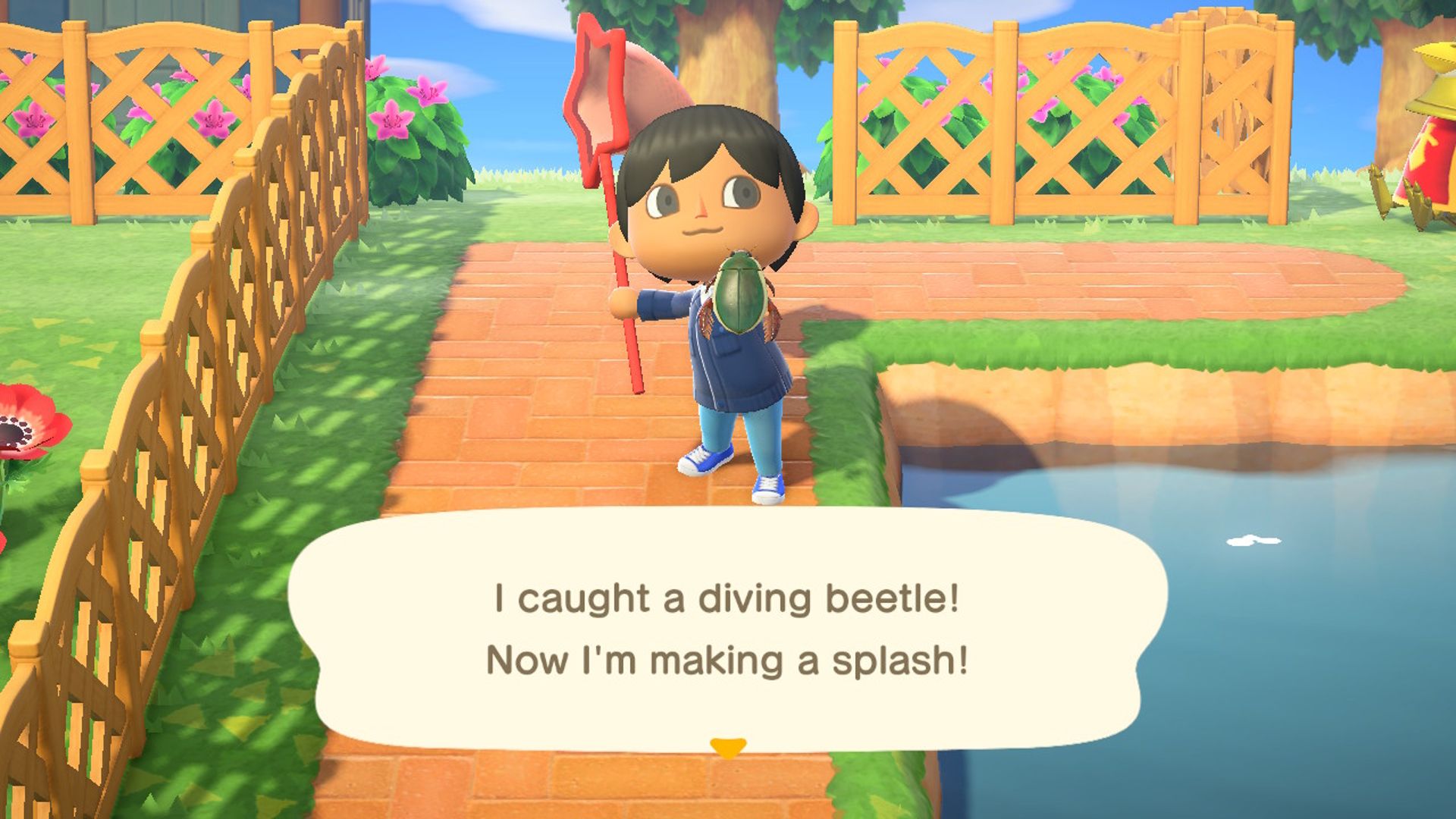 New Horizons Animal Crossing player shows off his diving beetle while standing near the pond and fences and holding a red star-shaped net
