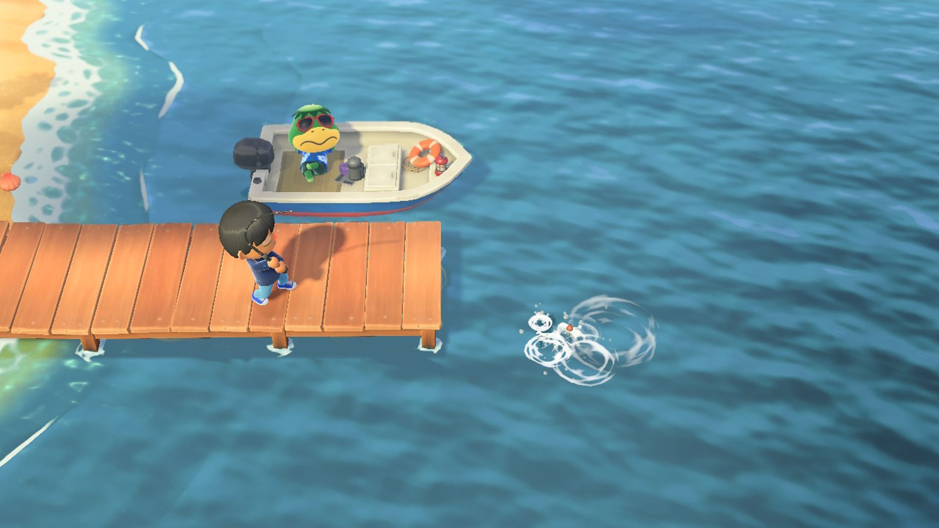 An Animal Crossing New Horizons player struggles to catch fish off an island dock while villagers watch and relax on a speedboat