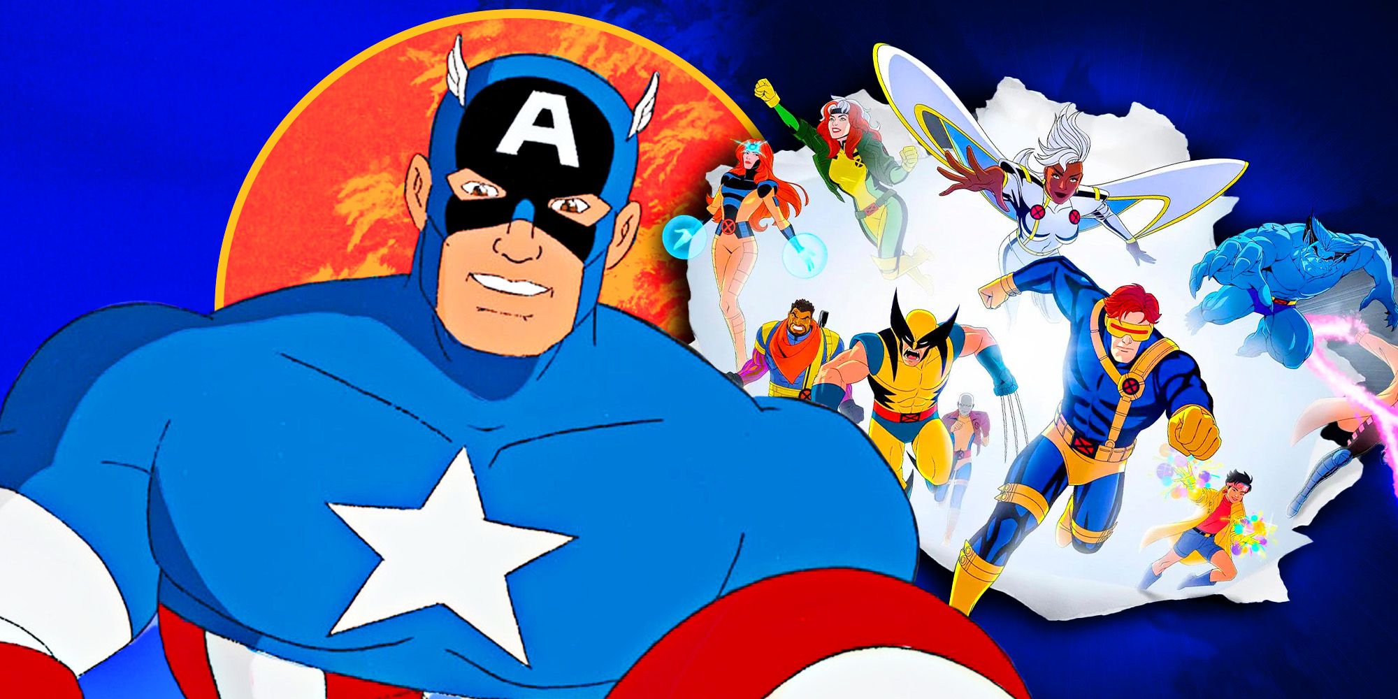 Animated Captain America and character promo image of the X-Men from X-Men 97