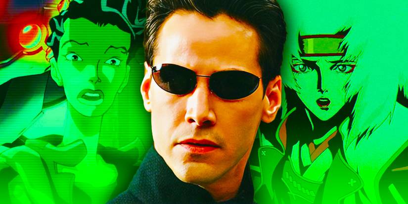 Matrix's Neo in front of two characters from The Animatrix